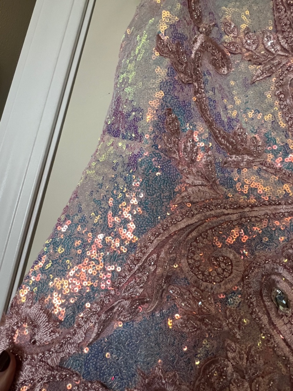 Portia & Scarlett Pink Blue Sequin Evening Gown with Feather Shoulders - Picture 14 of 16